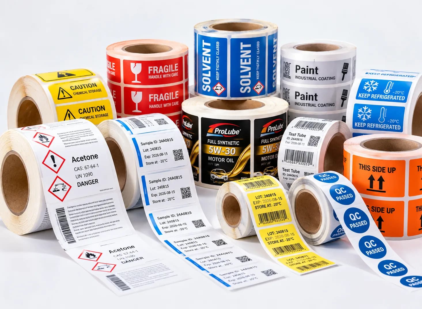 Reagent bottles, test tubes and industrial containers with custom labels