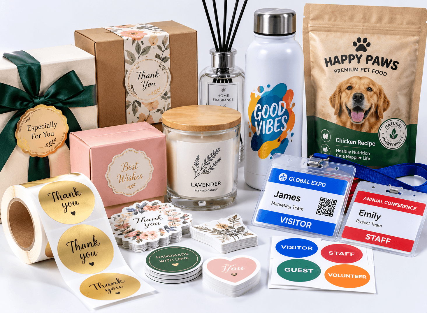 Custom labels for gift packaging, promotional products, pet products and event identification