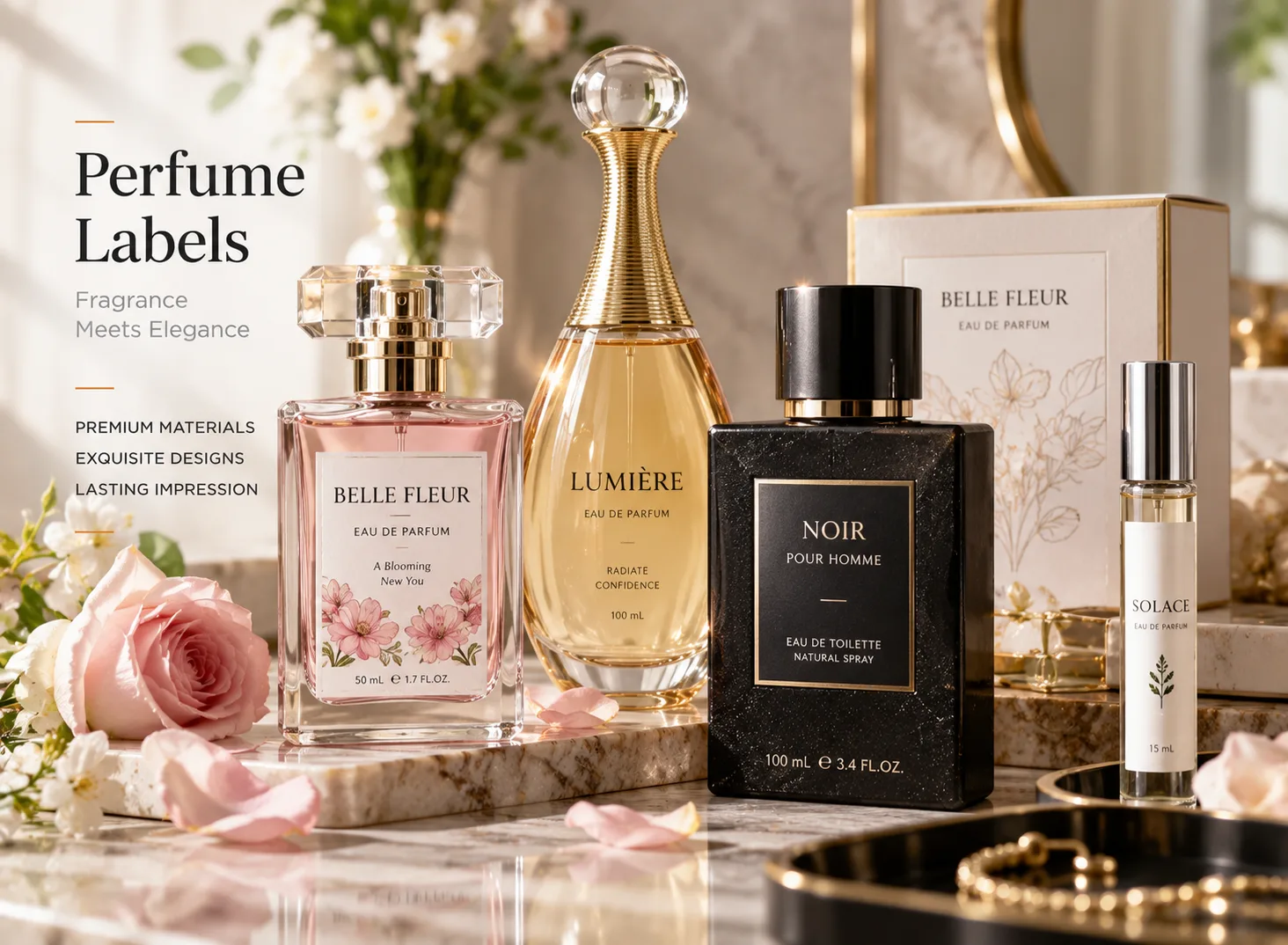Perfume bottle with an elegantly foiled and embossed label
