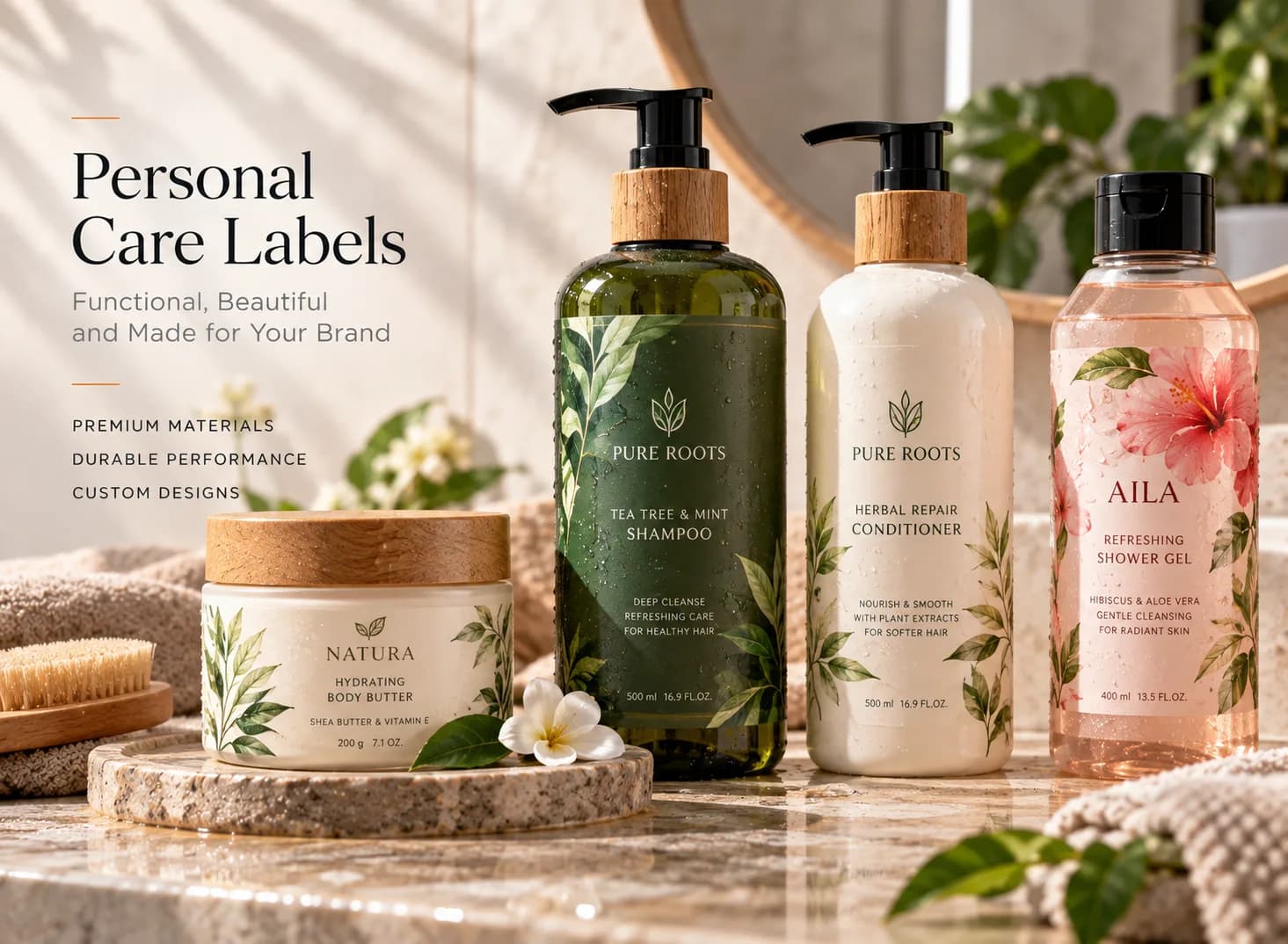 Shampoo and body wash bottles with printed film labels